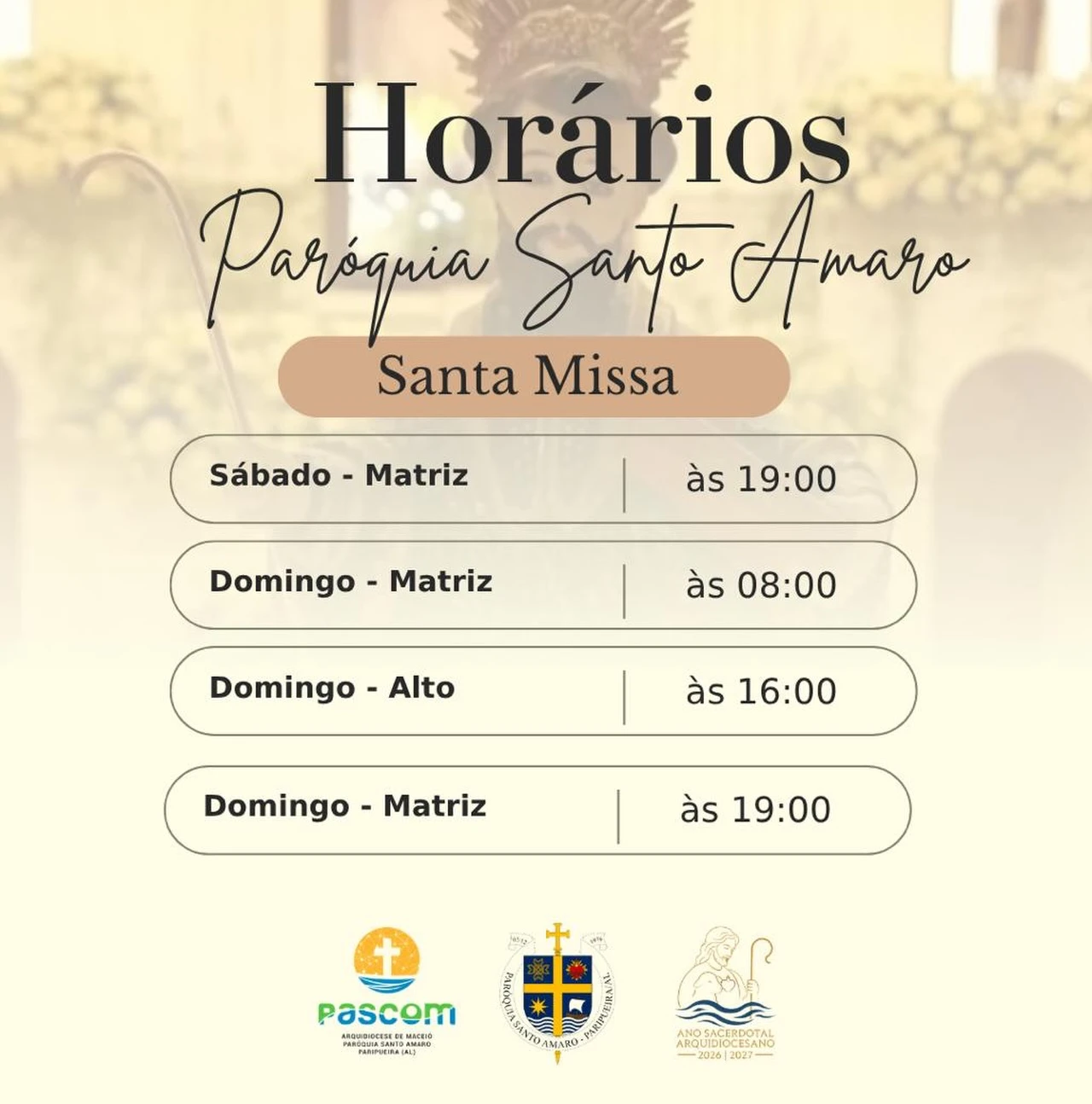 Horários das Santas Missas na Paróquia Santo Amaro