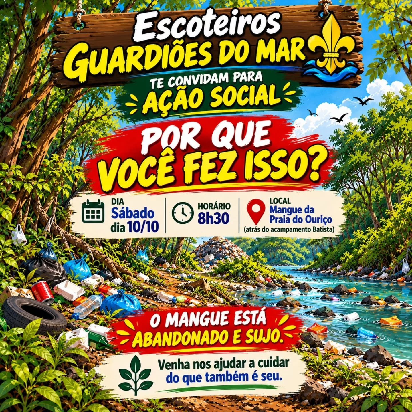 Convite dos Escoteiros Guardiões do Mar: ação social para a limpeza do Mangue da Praia do Ouriço